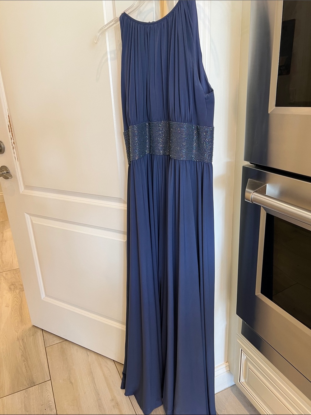 Elegant Navy One-Shoulder Evening Gown with Beaded Waist